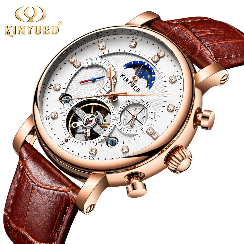 KINYUED Moon Phase Top Brand Mens Mechanical Watches Automatic Tourbillon Skeleton Watch Men Calendar Relogio Masculino dropship