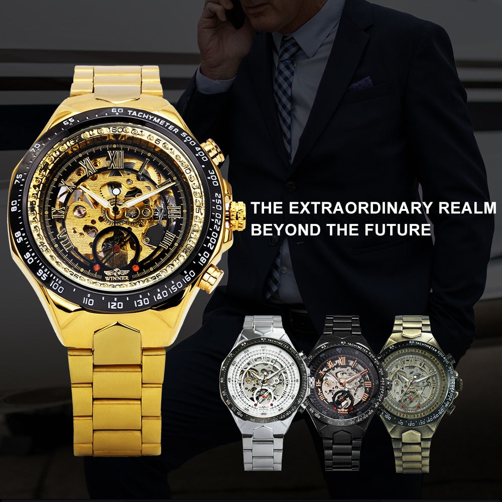 2018 WINNER Men Gold Watches Automatic Mechanical Watch Male Skeleton Wristwatch Stainless Steel Band Luxury Brand Sports Design