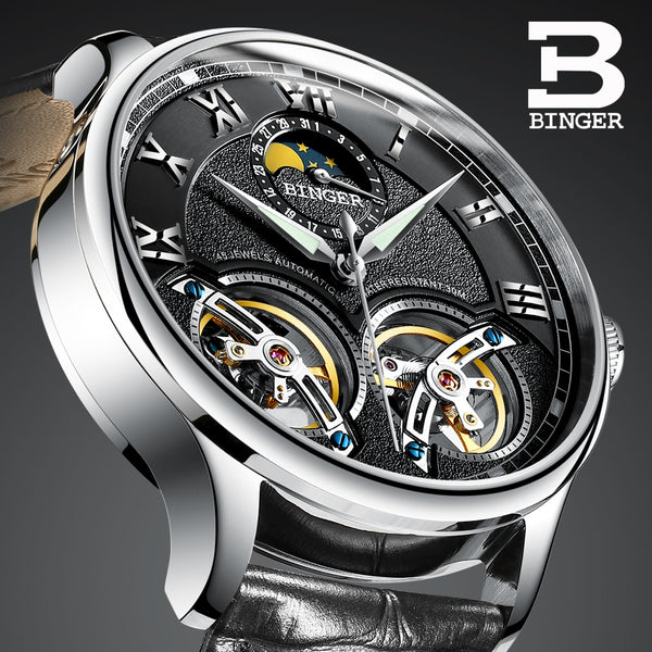 Double Tourbillon Switzerland Watches BINGER Original Men's Automatic Watch Self-Wind Fashion Men Mechanical Wristwatch Leather