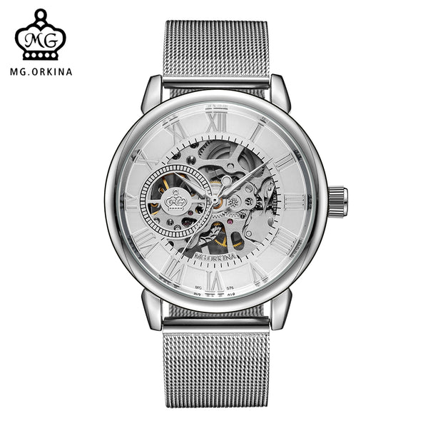 ORKINA Male Wristwatch Skeleton Dial Mechanical Hand-wind Clock Men's Wrist Watches Stainless Steel Mesh Band Herren Armbanduhr