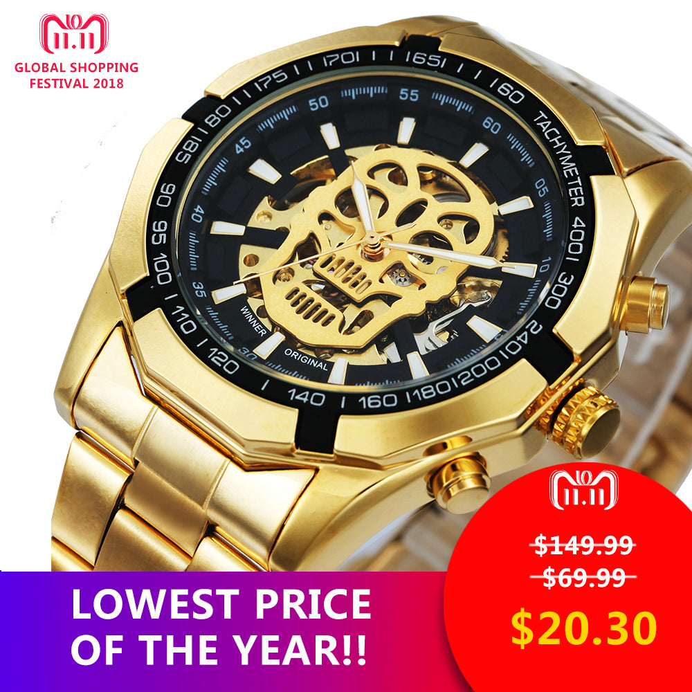 WINNER New Fashion Mechanical Watch Men Skull Design Top Brand Luxury Golden Stainless Steel Strap Skeleton Man Auto Wrist Watch