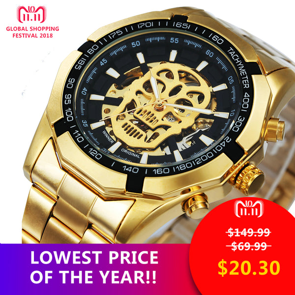 WINNER New Fashion Mechanical Watch Men Skull Design Top Brand Luxury Golden Stainless Steel Strap Skeleton Man Auto Wrist Watch