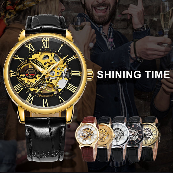 2018 FORSINING 3D Logo Black Gold Men Mechanical Watch Montre Homme Man Watches Top Brand Luxury Leather WINNER Skeleton Design