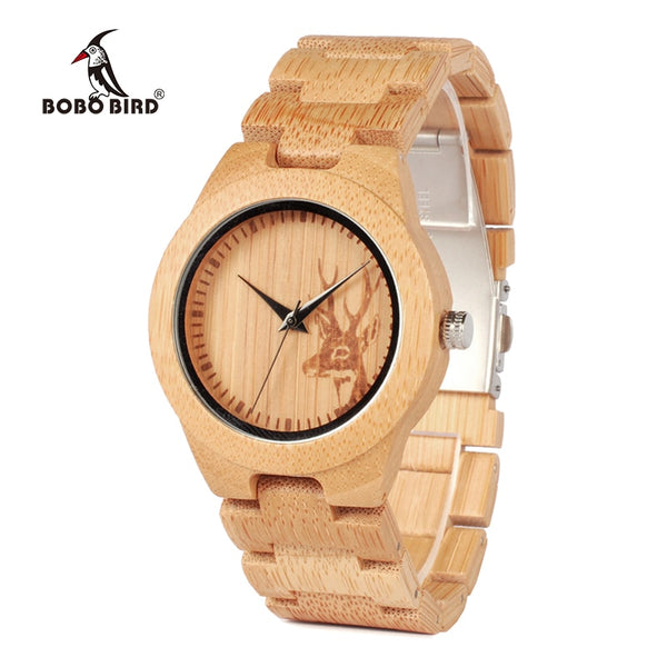 BOBO BIRD V-D28 Wooden Mens Watch Engraving Reindeer Design Bamboo Quartz Clock With Folding Clasp reloj de los hombres