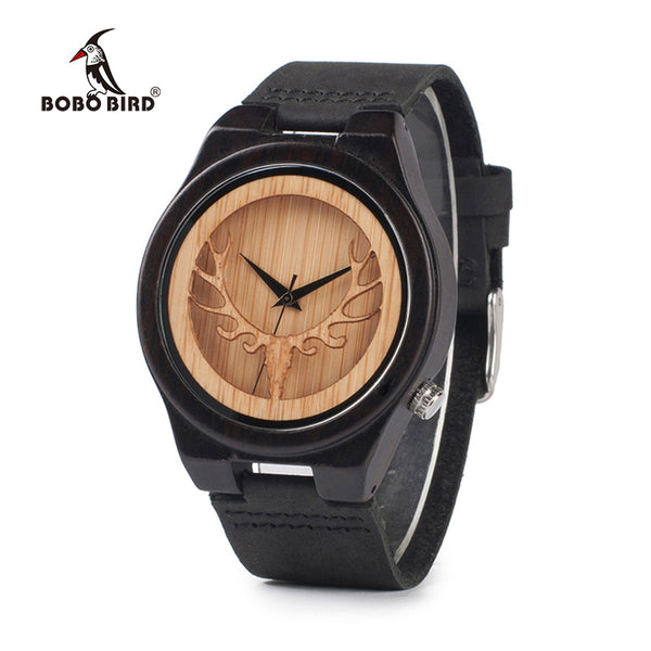 BOBO BIRD Hollow Skeleton Engraved Deer Head Bamboo Wood Watch Japan Movement 2035 Quartz Watch with Leather Strap for Mens