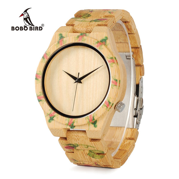 BOBO BIRD Bamboo Wood Men Luxury Watch With Engrave Flower Bamboo Band Quartz Casual Women Watch In Gift Box